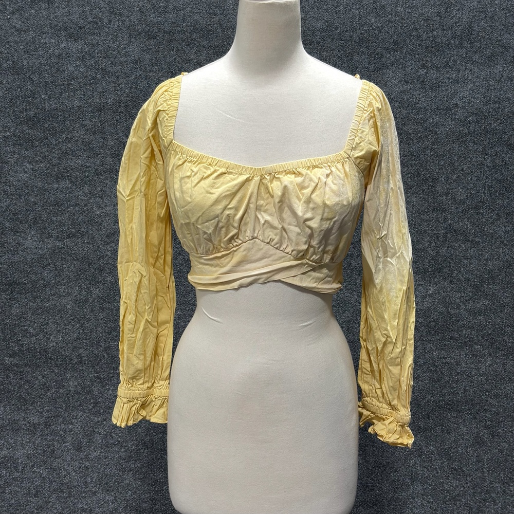 Louna Blouse Womens Small Yellow Square Neck Puff Sleeve Cropped Wrap Tie Top